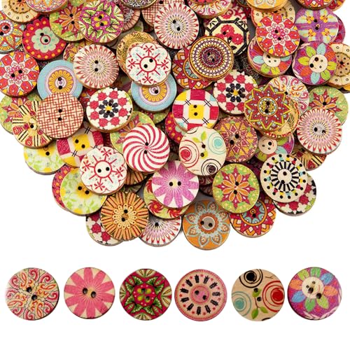 100 Stück Bunte Holzknöpf, Bunte Retro Harz HolzknöPfe, Knöpfe zum Annähen, NäHen KnöPfe Blume Malerei Geometrishes Muster, Mit 2 LöCher für NäHen DIY Basteln Handwerk Deko (15mm)