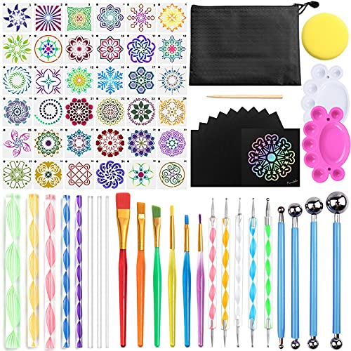 Amzeeniu Mandala Punktierungswerkzeug Set 74 Stück Mandala Dotting Tools Set,mit Mandala Schablone Punktierung Stifte Pinsel Ball Stylus Malen Tablett,für Steine,DIY Nail Art, Handwerk,Muster Färbung