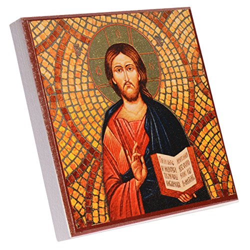 Junker Kirchenbedarf Ikone Jesus Christus Pantokrator zum Stellen oder Aufhängen, teilweise vergoldet, MDF-Holz, 10x10cm