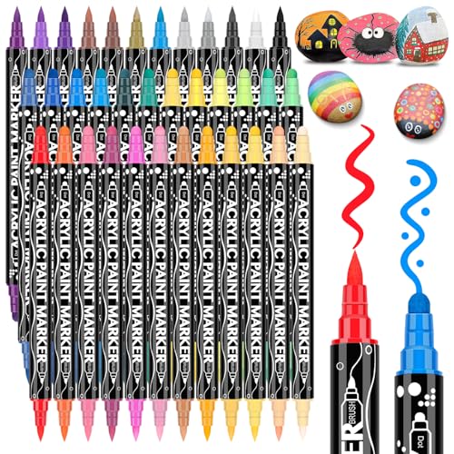 Maqhpu Steine zum Bemalen Stifte Wasserfest, 36 Farben Acrylstifte, Acrylstifte für Steine Wasserfest, Dual Tip Acrylmarker Multimarker für Holz, Glas, Keramik, Leinwand, Basteln Kinder Erwachsene