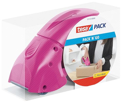 tesa tesapack Abroller Pack' n' Go - Ergonomischer, pinker Handabroller für Paketbänder - Inklusive 50 m x 48 mm Klebeband
