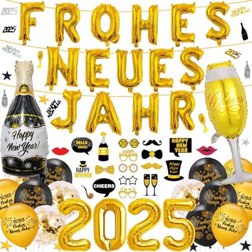 Silvester Dekoration 2025, Happy New Year Party Dekorationen 2025, Happy New Year Ballons 2025, Happy New Year Banner, Black Gold Happy Neujahr Deko, Silvester Party Dekoration 2025