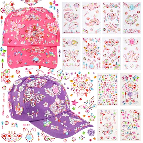 Geschenke für Mädchen, 2 stück DIY Baseball Cap, Verstellbar Baseballkappe Selbst Gestalten Cap Mädchen mit 12 Blätter Glitzersteine Aufklebern, Personalisierten Kappe Sonnenhut für Mädchen