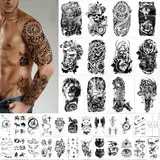 Yazhiji 36 Blatt Temporäre Tattoos Aufkleber, 12 Blatt Gefälschte Körper Arm Brust Schulter Tattoos für Männer oder Frauen mit 24 Blatt Winzige schwarze