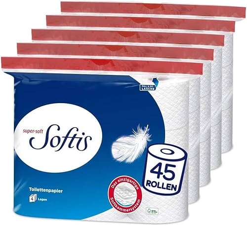 Softis 4-lagiges Toilettenpapier | 45 Rollen-Packung (5 x 9 Einzelpackungen) | 100 Blatt pro Rolle | Einzigartiges Softkammer-System | Recyclebare Verpackung | FSC®-zertifiziertes Papier