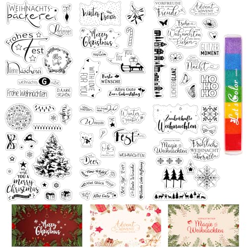 ROEOWENE 6 PCS Silikonstempel Weihnachten Deutsch mit Stempelkissen Clear Stamps Christmas Sprüche Transparent Silikonstempel Glückwunsch Stempel Frohe Weihnachten für DIY Scrapbooking,Journal