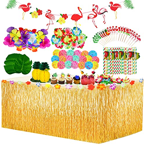 Yojoloin 128 Stück Hawaii Party Dekoration Kit, Hawaii Luau Tischröcke 9ft, Hawaiianische Blumen,Künstliche Palmenblätter, Luau Hawaii Banner Foto Requisiten Zubehör für DIY Garten Beach Party Deko