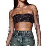 BLPRKOT Tank Top Damen Mesh Crop Top Durchsichtiges Glänzende Netzshirt Fischnetz Strasssteine Cover Up Kristall Sheer Mesh Top Aushöhlen Sparkle Club Wear Sexy Pailletten Netzoberteil (M)