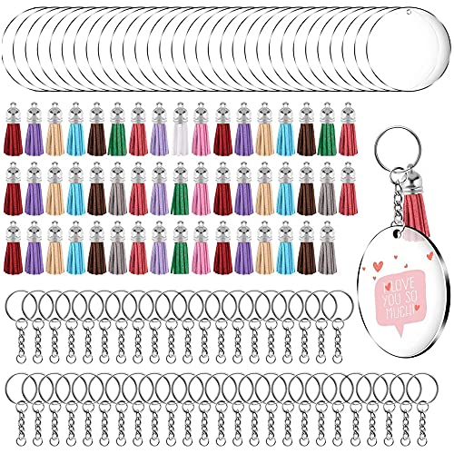 200 Stück Acryl-Schlüsselanhänger-Rohlinge, Quasten-Set, inklusive Schlüsselringen mit Kette und Biegeringe für DIY und Schlüsselanhänger-Bastelarbeiten (rund, 50 Sets)