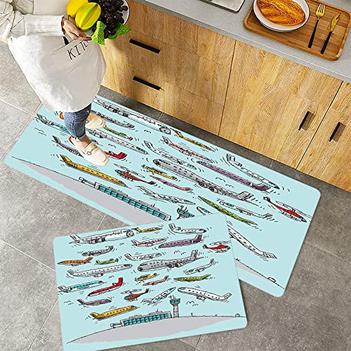 Küchenteppich Teppich Läufer Küchenläufer 2 Stück rutschfest,Flugzeug, Flugzeuge Fying in der Luftfahrt Liebe Flughafen Hubschrauber und Jets Cartoon, , Waschbar für Flur Küche 40 x 100 cm+40 x 60 cm
