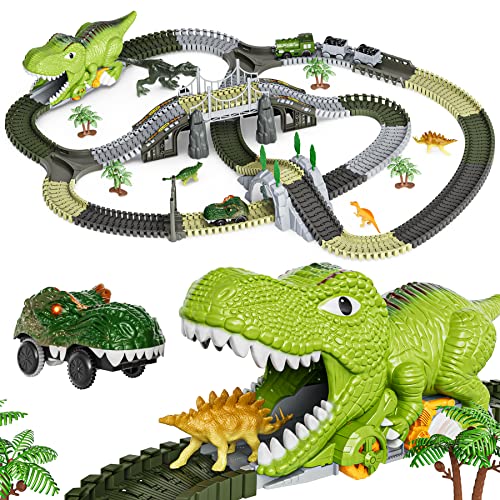 Dinosaurier Spielzeug Rennstrecke,281 Stück Zug für Kinder 3 4 5 6,Flexible Eisenbahnschienen mit 4 Dinosaurier,2 Elektrische Rennwagen mit Lichtern- Kleinkinder Welt