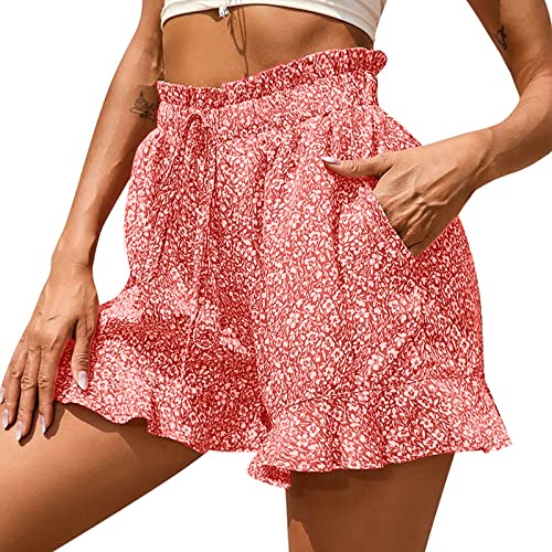 rtdgcv Bequeme Sommer-Beach Kurze Loungehose für Frauen mit Tasche für lässige Kurze Hosen elastischer High Taille Blütendruck Shorts Damen Eng Shorts Damen Kurz (Red, XXL)