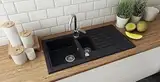 Faizee Home | Spülbecken Schwarz Gesprenkelt 100x50 cm aus Granit – Modell Napoli mit 2 Becken & Abtropffläche | Beidseitig montierbare Einbauspüle | Küchenspüle inkl. Siphon-Set (Schwarz Gesprenkelt)