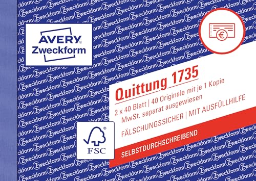 AVERY Zweckform 1735 Quittungsblock (A6 quer, 2x40 Blatt, selbstdurchschreibend, fälschungssicherer Dokumentendruck, für Beträge über 250€ mit separater MwSt., für DE/AT) weiß/gelb