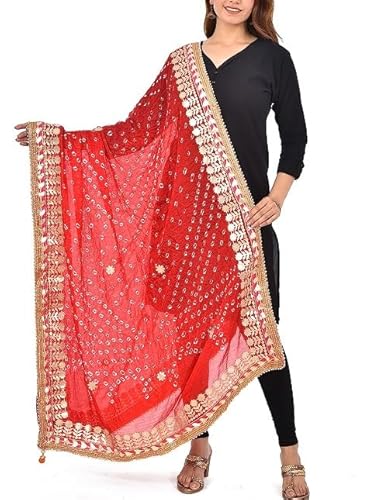 BishtHub Fashion Damen Seide Jaipuri Rajasthani Bandhani Heavy Dupatta mit Gota Arbeit und Latkan, Rot/Ausflug, einfarbig (Getaway Solids), Large