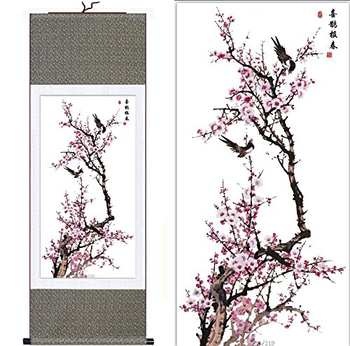 vglakjG Chinese Painting Home Decorate Calligraphy Scroll Chinesisches Seidengemälde, Pflaumenblüte, Heimdekoration, Kalligraphie, Schriftrolle, hängendes Kunstgeschenk, 016 (H55 x B18)(H55)