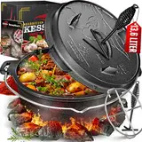 KESSER® Dutch Oven Set BBQ 12 Liter, Feuertopf Schmortopf mit Edelstahluntersetzer, Gusseisen Topf mit Deckelheber Henkel und Schlitz für Themormeter, kochkessel Grilltopf für Oudoor & Indoor