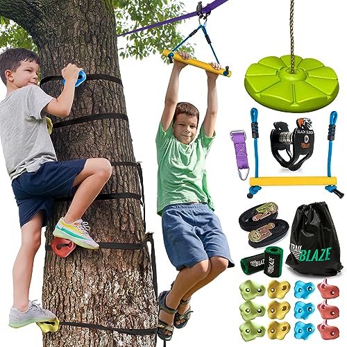 Trailblaze Zipline-Set und Baum-Klettergriffe - 70 Fuß Slackline-Zipline für den Hinterhof-Ninja-Warrior-Hindernisparcours für Kinder - 300 Pfund Tragfähigkeit Monkey Bar für Kinder-Schaukel