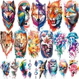 77 Blatt Temporäres Tattoo, 17 Blatt halber Arm Blume Löwe Tiger Katze Eule Papagei Gefälschte Tattoos für Erwachsene Schulter Hals, 60 Blatt Kleine Temporäre Tattoos für Frauen Männer Mädchen Jungen