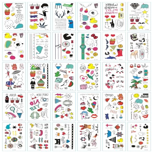 QZKJQDD Temporäre Tattoos, Tattoos Erwachsene, 30 Kreative Cartoons, Verschiedene Englische Muster usw., Geeignet für Temporäre Tattoo-Aufkleber für Männer und Frauen.