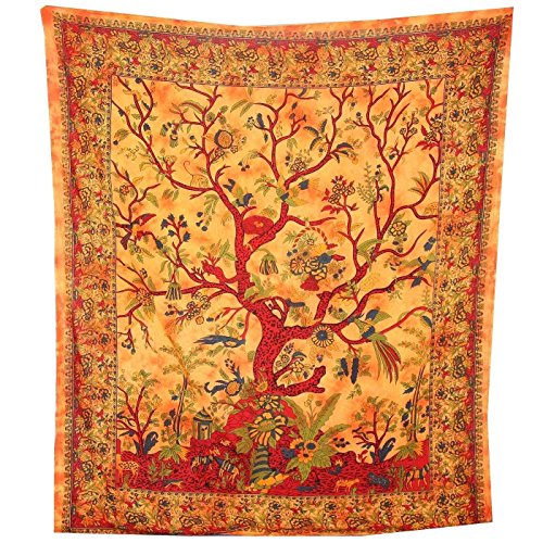 indischerbasar.de Indischer Wandbehang, Motiv: Baum des Lebens, Orange, 230 x 205 cm, mehrfarbig, Vögel, Blumen, Baumwolle, Stil Tie Dye