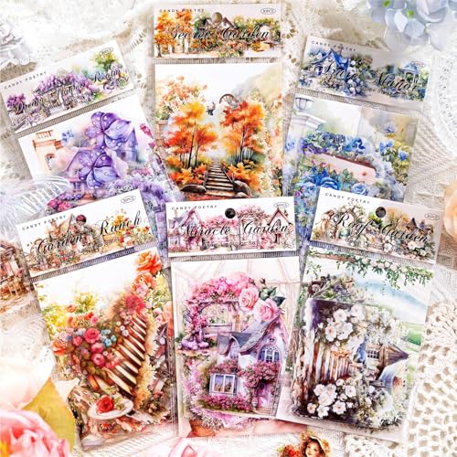 180 Blätter PET Garten Landschaft Scrapbook Papier Scrapbooking Deko Vintage Flowers Scrapbook Blumengarten-Thema Sticker Aesthetic Sticker Set für DIY Kunst Tagebuch Planer Album Notizbuc