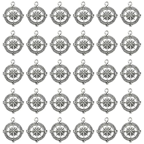 JKJF 30 Stück Kompass Charms Anhänger Vintage Kompass Anhänger Metall Nautische Charms Baumeln für DIY Ohrring Halskette Armband Fussbänder Schmuck - Antik Silber