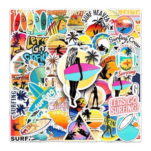 Surfen Aufkleber Summer Surfing Stickers 50 Stück Skateboard Graffiti Aufkleber Motorräder Fahrrad Snowboard Gepäck Laptop Auto Koffer für Kinder und Jugendliche Wasserdichte Vinyl Aufkleber