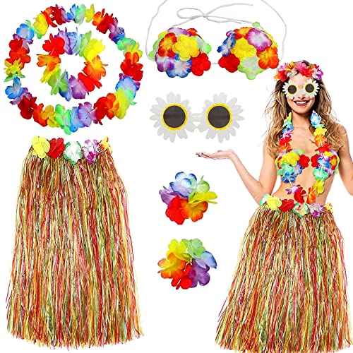 FMKLDENA 7 Stück Hawaiian Hula Set, Hawaii Party Kostüm Set mit Halskette Armbänder Stirnband Blume BH Haarblume und Sonnenbrille, Sommer Hawaii Strand Tropische Fasching Party Kostüm