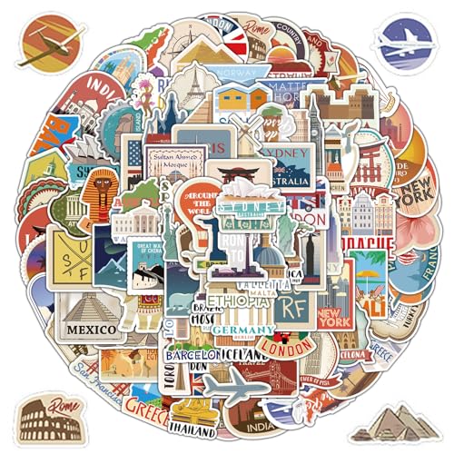 Welt Reise Sticker,100 PCS Sticker Reisen,Sticker Urlaub,Koffer Aufkleber,Berühmte Symbole Sehenswürdigkeiten Travel Sticker,Wasserfest Vintage Reise Aufkleber Set für Koffer Auto Fahrrad Laptop Helm
