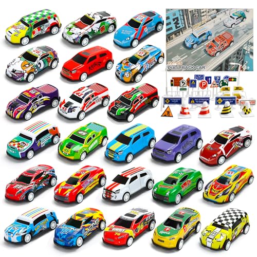 MUXIWOM Auto Spielzeug Set, 24 Stück Cars Spielzeug, Mini Spielzeugautos Aufziehautos mit 28 Straßensperre, Autos Zurückziehen Fahrzeuge, Stile Variieren, Geschenk für Kinder ab 3 4 5 6 7 8 Jahre