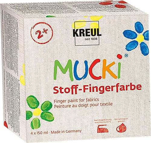 KREUL 28400 - Mucki Stoff-Fingerfarbe, leuchtkräftige Farben auf Wasserbasis für Kinder ab 2 Jahren, 4 x 150 ml Gelb, Rot, Grün, Blau