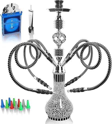 Shisha Komplettset mit 4 Schläuchen, 22'' Großes Shisha Kit für bis zu 4 Personen mit allem inklusive, Keramikschüssel | Premium-Schlauch| Schöne Glasvase (Schwarz GF1)