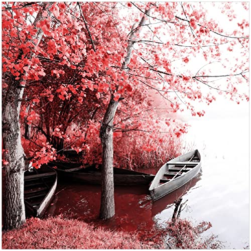 Wallario Glasbild Romantische Bootsanlegestelle in rot-weiß - 30 x 30 cm Wandbilder Glas in Premium-Qualität: Brillante Farben, freischwebende Optik