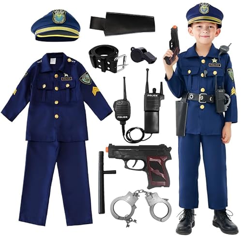 Udekit Polizei Kostüm Kinder mit Walkie-Talkie Taktstock Halfter Trillerpfeife Polizei Spielzeug für Jungen Halloween Karneval Cosplay für 6 bis 8 Jahre