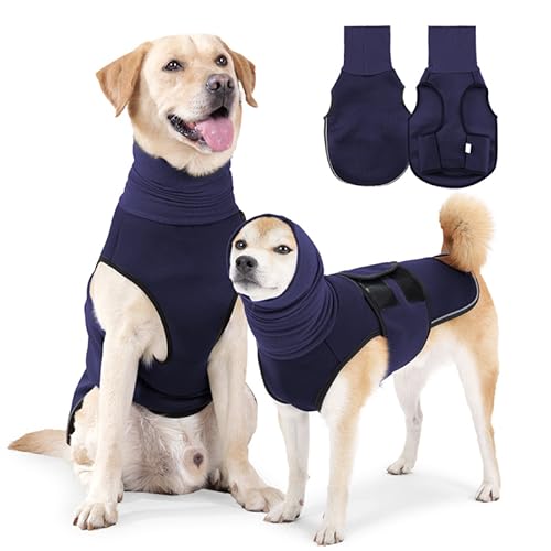 Yanmucy Beruhigender Hundemantel mit Hund Snood 2 in 1 Angstlinderung Verstellbare Angstjacke mit Hunde-Kapuzenpullover Ohrenschützer Relieve Nervöser Hund Weste für Feuerwerk Thunder (Blau, L)