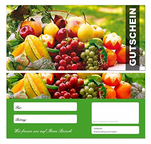 100 Stück Premium Geschenkgutscheine (Obst-670) - Ein schönes Produkt für Ihre Kunden Gutscheine Gutscheinkarten für Bereiche wie Gastronomie, Restaurant, Catering, Obsthandel, Großhandel, Freizeit, Feier, Geschenk, Gaststätte und vieles mehr