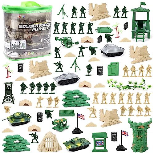 deAO Armee Verteidigungseinheitsspielset Soldatenspielfiguren, Militär Waffen Set Spielzeug Soldat Figuren Deutsch VS Britische Soldaten Fahrzeuge und weiteres Zubehör(100 Teiliges)