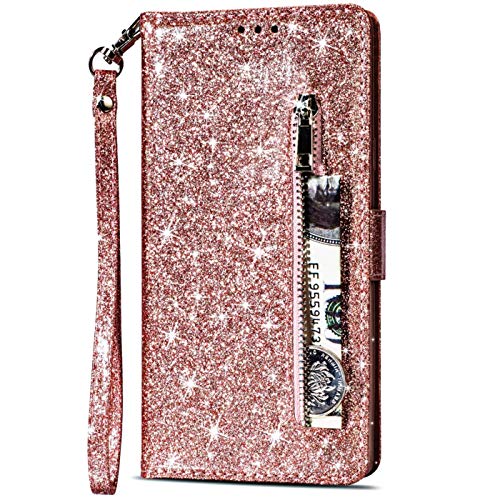 CTIUYA Schutzhülle für Xiaomi Mi 10T Lite, Handyhülle Ledertasche Glitzer Leder Hülle Case Magnet Schutzhülle Klapphülle Geldbörse mit Kartenfach Flip Handytasche für Xiaomi Mi 10T Lite,Rose Gold