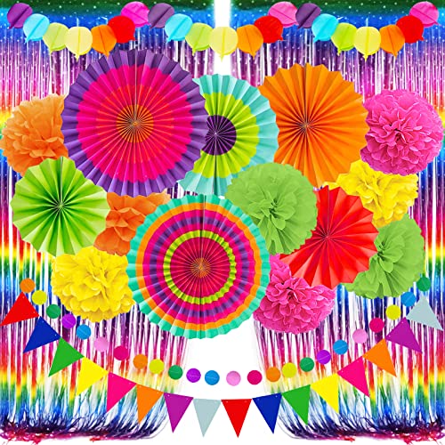 ZERODECO Fiesta Papier Fan Partydekorationen Set, Multicolor Cinco De Mayo Pom Poms Wimpelgirlande String Banner Fransenvorhänge Mexikanische Coco Karnevals Festivals Partybedarf