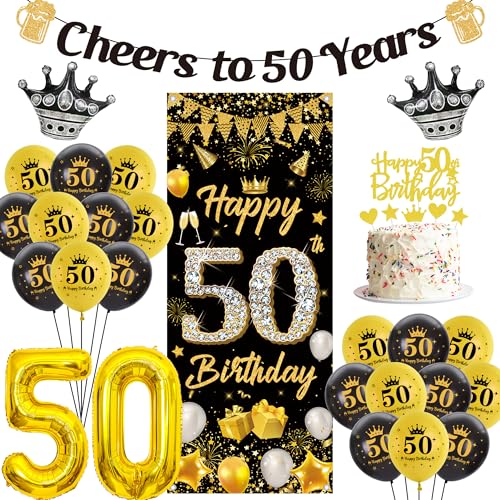 Deko 50. Geburtstag Mann Frau - 48 Stück Schwarz Gold Geburtstagsdeko Zahlen Luftballons Happy Birthday Banner Hintergrund, Cheers to 50 Years Girlande Kuchendeko für Geburtstagsparty