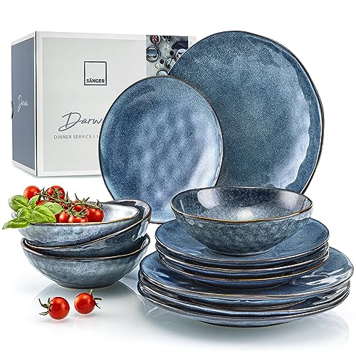 SÄNGER | Tafelservice Darwin 12 tlg, Steingut Geschirrset 4 Personen, Teller Set in Blau inkl. Speiseteller Dessertteler & Tiefe Teller, Essgeschirr, Geschirr Set Handmade | PREMIUM COLLECTION