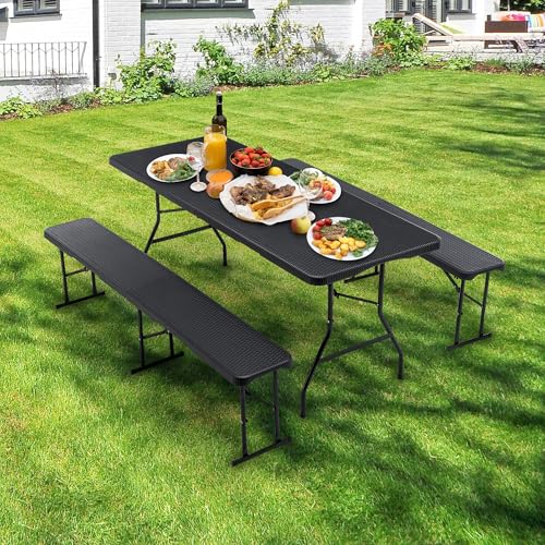 Thanaddo Buffettisch Gartentisch Bierzeltgarnitur Tisch, klappbar 3-teilig Set, 180x70 cm Kunststoff Campingtisch, Rattan-Look für bis zu 8 Personen, robuste wetterfest Biertisch Set, Anthrazit