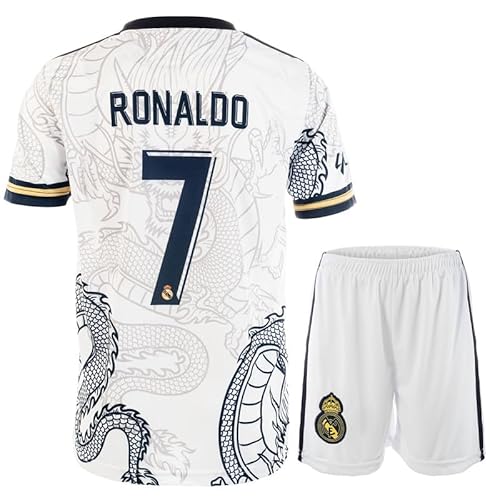 Mikalay Madrid #7 Retro Weißer Drache Limitierte Sonderedition Seltenes Fußball Kinder Trikot Shorts Set Jugendgrößen (Weiß,140.)