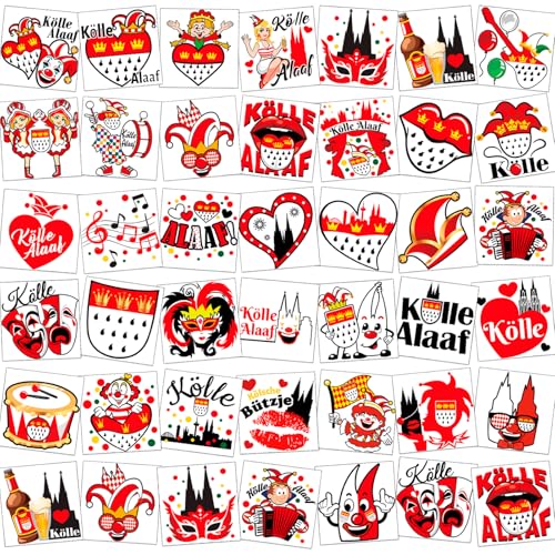 DPKOW 72pcs Köln Tattoos Karneval Köln Accessoires, Kölle Alaaf Temporäre Tattoos Köln Klebetattoos Karneval Köln Fake Tattoos Wasserdicht, Kölner Karneval Kostüm Damen Herren Fasching Accessoires