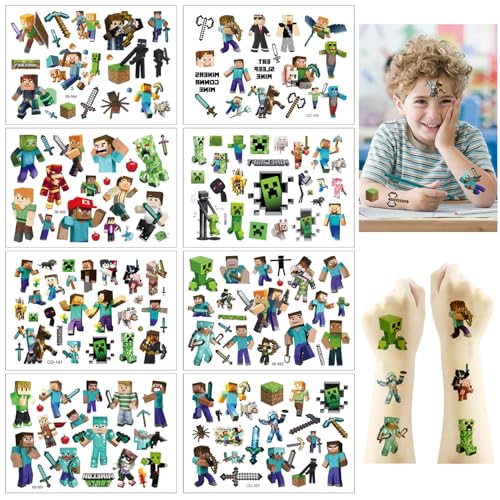 Neoreser 8 Blätter Temporäre Tattoo Set für Kinder, Mine-Craft Temporäre Cartoon Tattoos Set, Kinder Geburtstag Party Geschenk Dekorationen, Adventskalender Kinder Geschenke