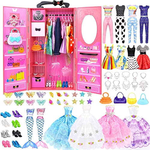 84 Kleidung für Puppen kleiderschrank Kleidung Schmuck Zubehör für 11,5 Zoll Puppe Dress Up Set mit Hochzeitskleid Kleider Oberteile Hosen Schuhe Kleiderbügel Taschen Geschenk Spielzeug für Mädchen