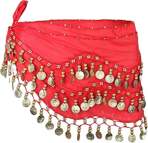 Damen Bauchtanz Gürtel,Chiffon Hüfttuch,Bauchtanz Hüfttuch,Belly Dance Hüfttuch Gürtel Belly Dance Karneval Kostüm Hip Scarf Wrap Bauchtanz Kostüm Münzgürtel Sequins Gürtel (Rot)