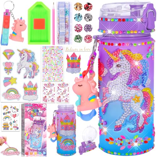 SaiXuan Einhorn Geschenke für Mädchen 4 5 6 7 8 9 10 11Jahre, Trinkflasche Mädchen, DIY Einhorn Trinkflaschen Set, Kreatives Bastelset für Mädchen mit Strassstickern, Diamond Painting Zubehör