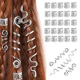 28 Stück Dreadlocks Schmuck,Verstellbar Metall Cuffs,Flechtet Haar Schmuck,Haarspiralen Clips,Dreadlocks Perlen Flechtet Haar Schmuck,Für Männer Und Frauen Geeignet(Silber)